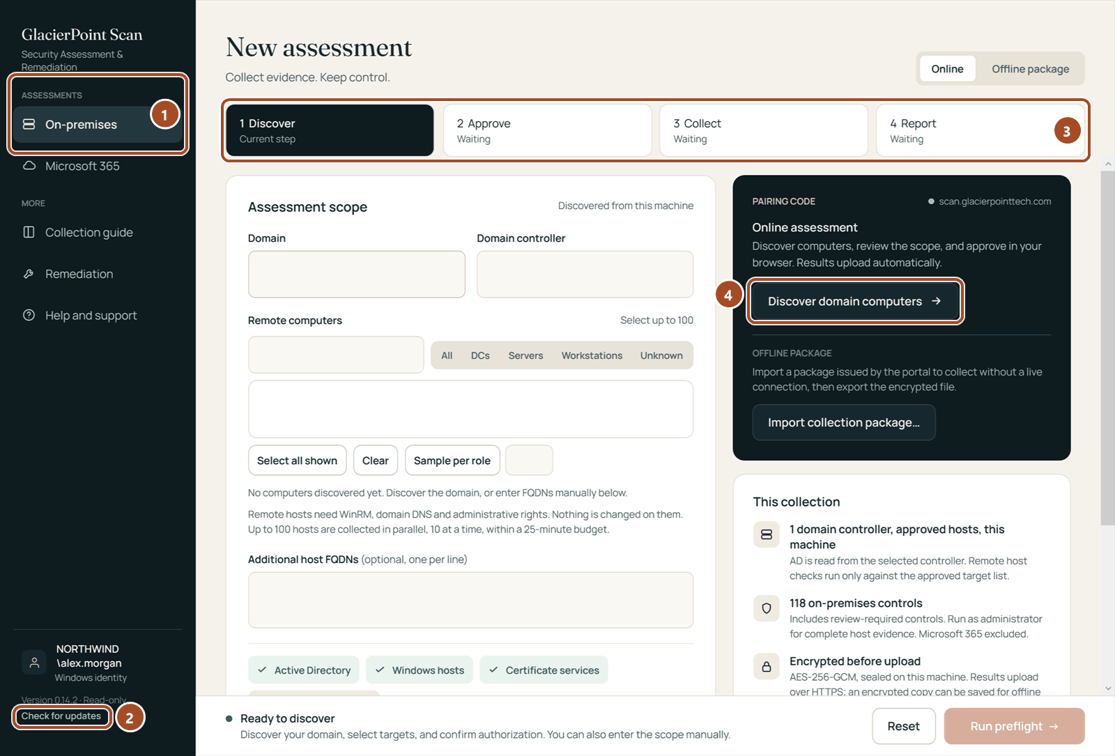 The collector's New assessment screen: the On-premises and Microsoft 365 screens in the menu, the four steps Discover, Approve, Collect and Report, the Discover domain computers button, and Check for updates at the foot of the menu.