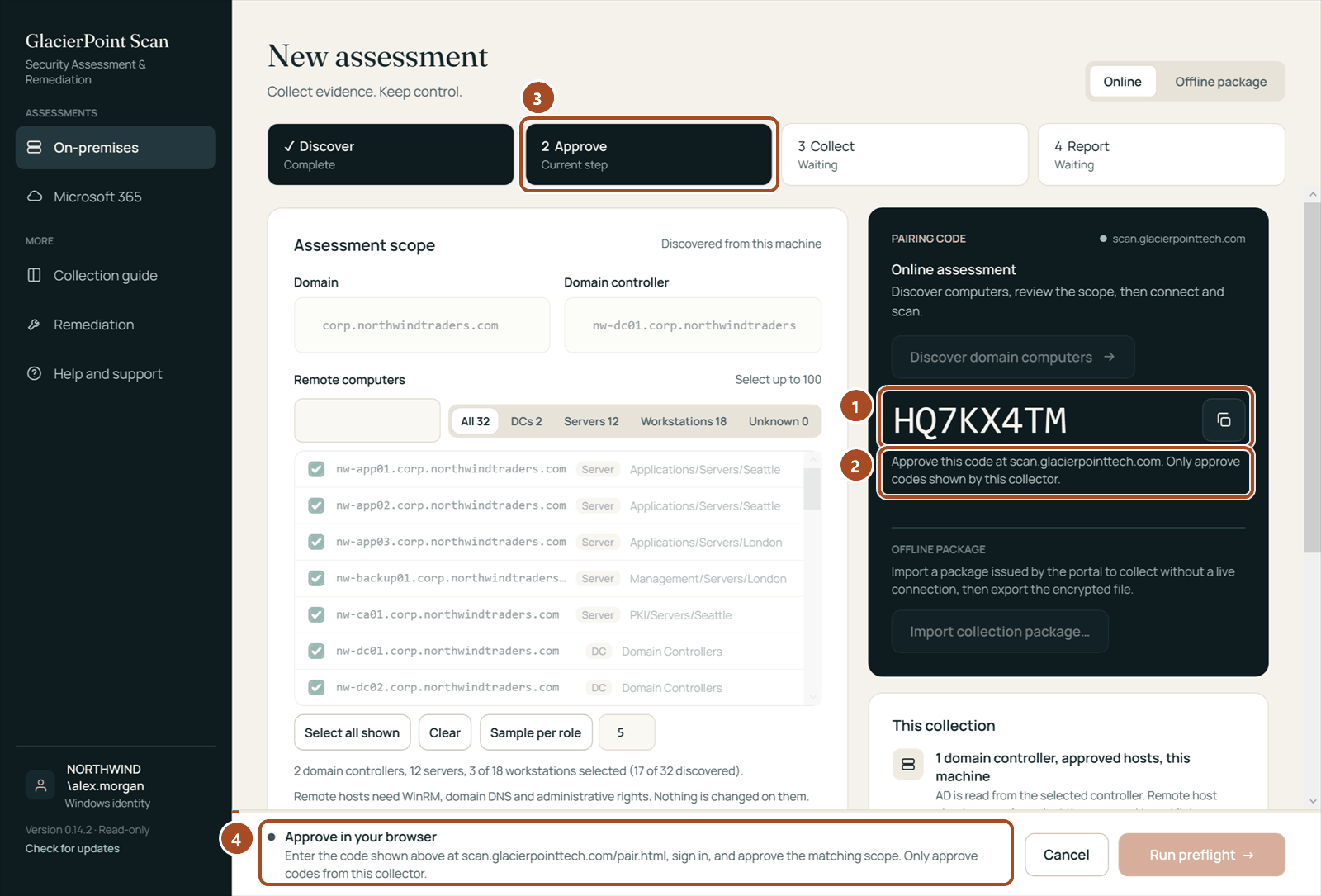 The collector at the Approve step, showing the eight-character pairing code HQ7KX4TM and a status line asking you to approve it in your browser.