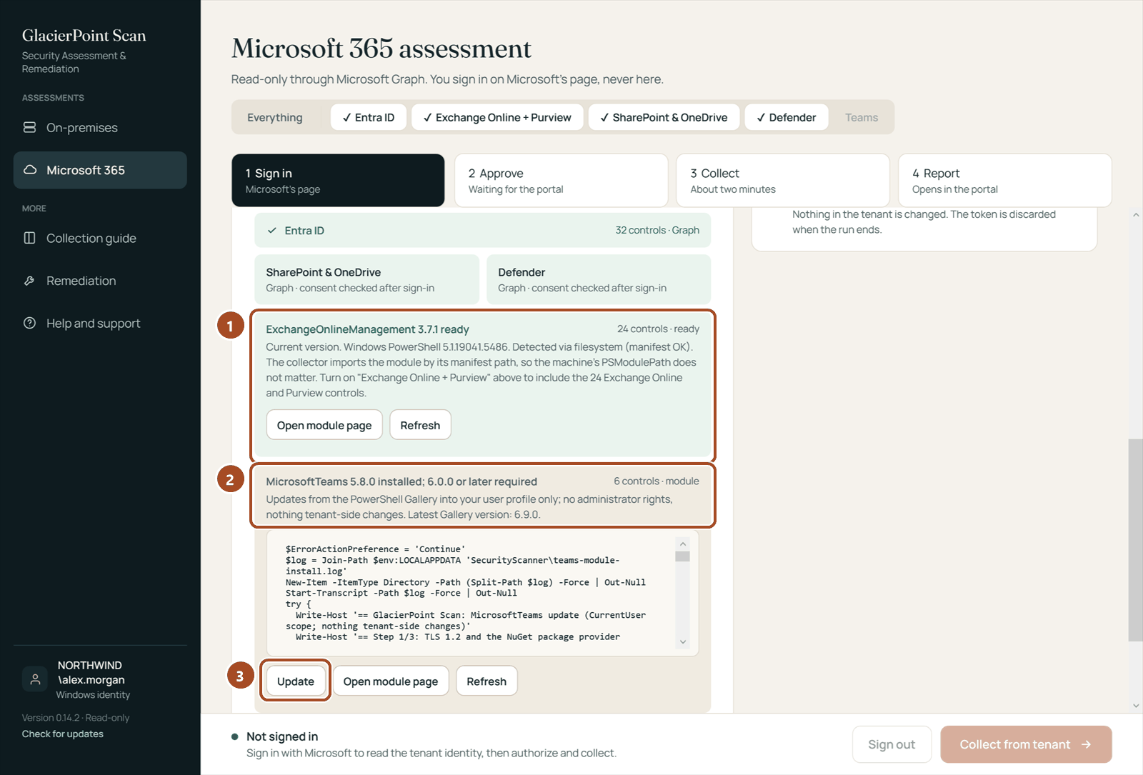 The collector's Microsoft 365 screen with the ExchangeOnlineManagement module ready and the MicrosoftTeams module older than required, with an Update button.