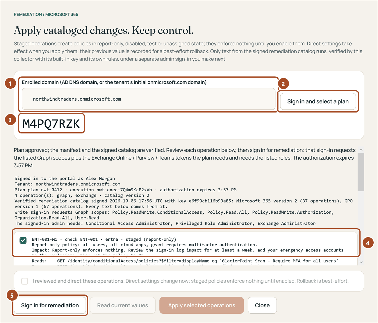 The collector's Remediation window: the tenant domain, the Sign in and select a plan button, the code M4PQ7RZK, an operation card with what it reads and runs, and the Sign in for remediation button.