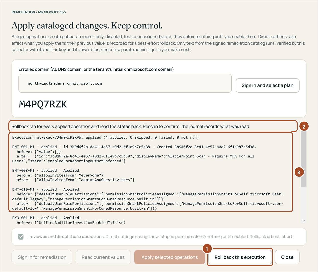 The Remediation window after the rollback: the rolled back message, the record of the execution, and the Roll back this execution button.