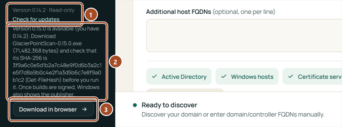 The foot of the collector's menu: the version in use, Check for updates, a message that a newer version is available with the name, size and SHA-256 of its file, and a Download in browser button.