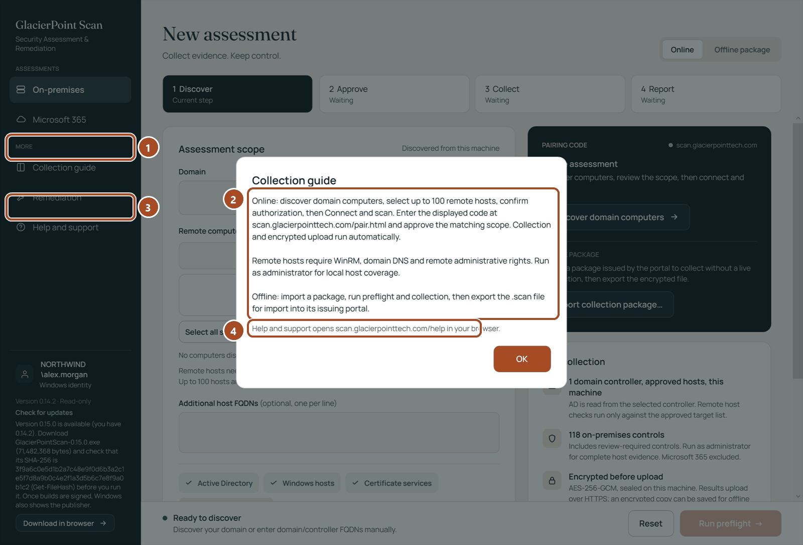 The collector's Collection guide dialog over the main window, with the Collection guide and Help and support entries of the menu.