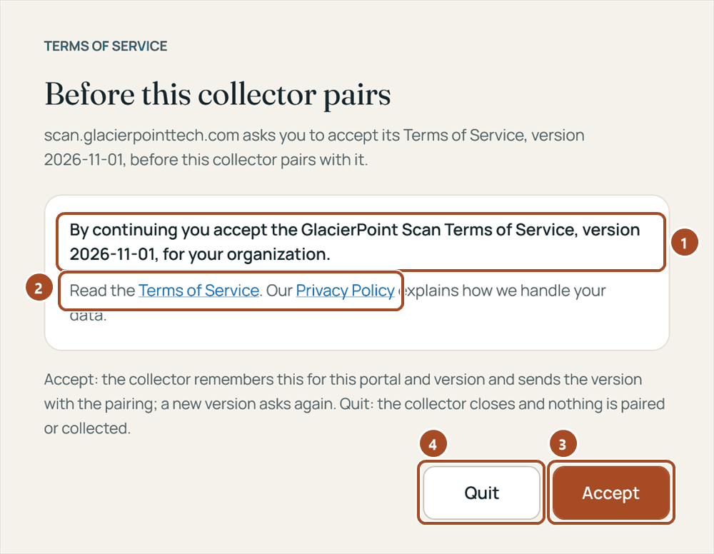 The collector's Terms of Service window before the first pairing: the acceptance statement naming the version of the terms, links to the Terms of Service and the Privacy Policy, and the Quit and Accept buttons.