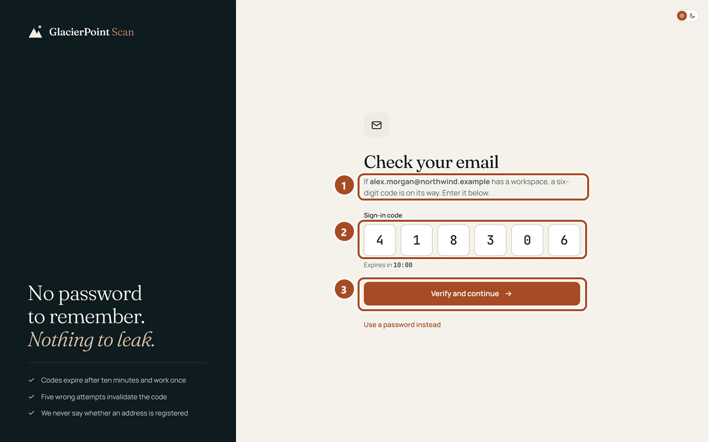 The portal's Check your email page: the address the code was sent to, six boxes holding the code, and the Verify and continue button.