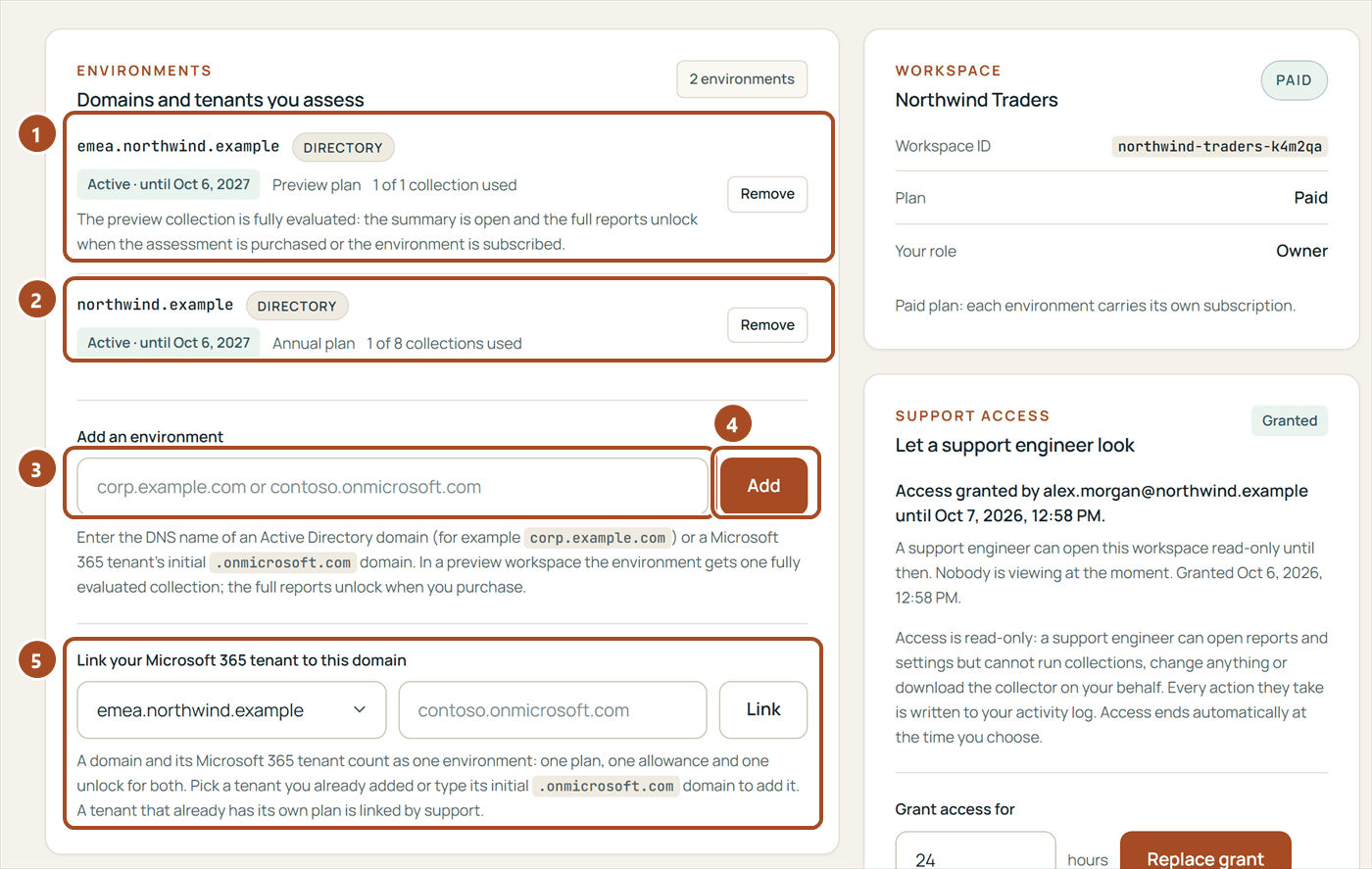 Settings, Domains and tenants you assess: emea.northwind.example on the Preview plan with 1 of 1 collection used, northwind.example on the Annual plan with 1 of 8 collections used, the field and button to add an environment, and the form to link a Microsoft 365 tenant to a domain.