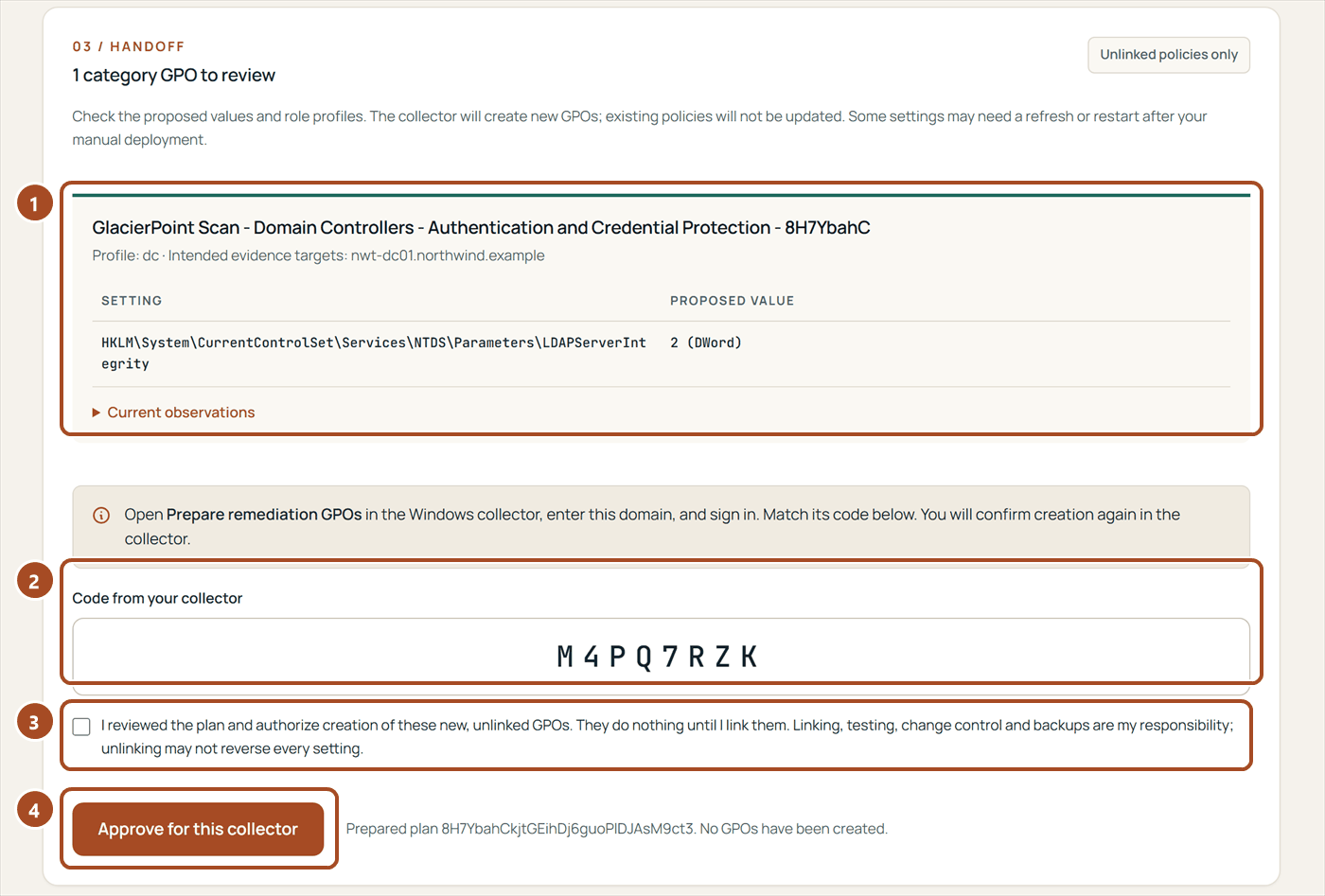 The portal's Remediation page with one category GPO to review: its setting and proposed value, the code from the collector M4PQ7RZK, the confirmation box and the Approve for this collector button.
