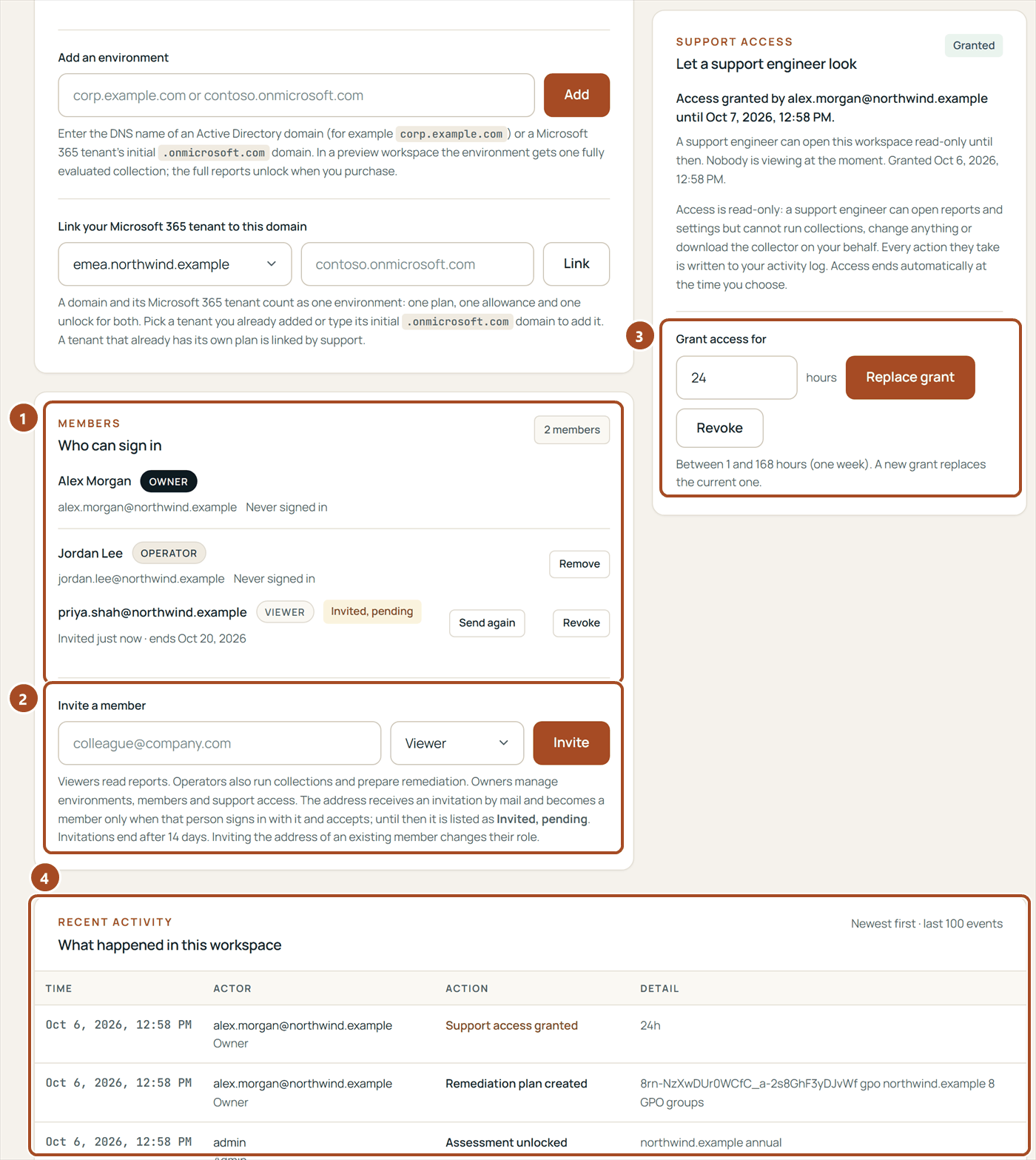 Settings: the members with their roles and an invitation still pending with Send again and Revoke, the form to invite a member, a support access grant of 24 hours with Replace grant and Revoke, and the recent activity of the workspace.